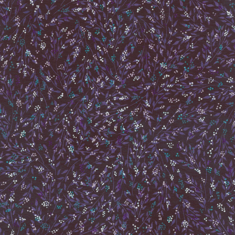 lovely plum fabric featuring purple leaves with white and cyan abstract dot flowers