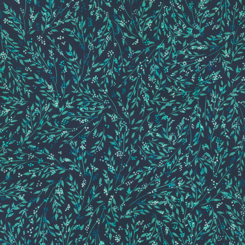 lovely navy blue fabric featuring teal leaves with white, cyan, and blue abstract dot flowers