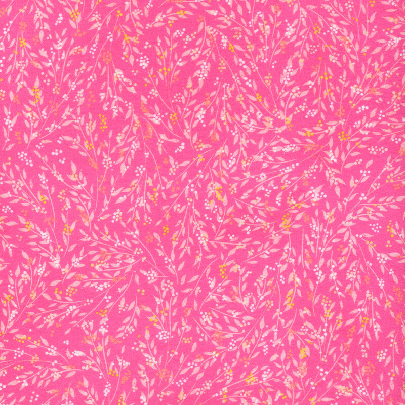 lovely bright pink fabric featuring light pink leaves with white, yellow, and orange abstract dot flowers