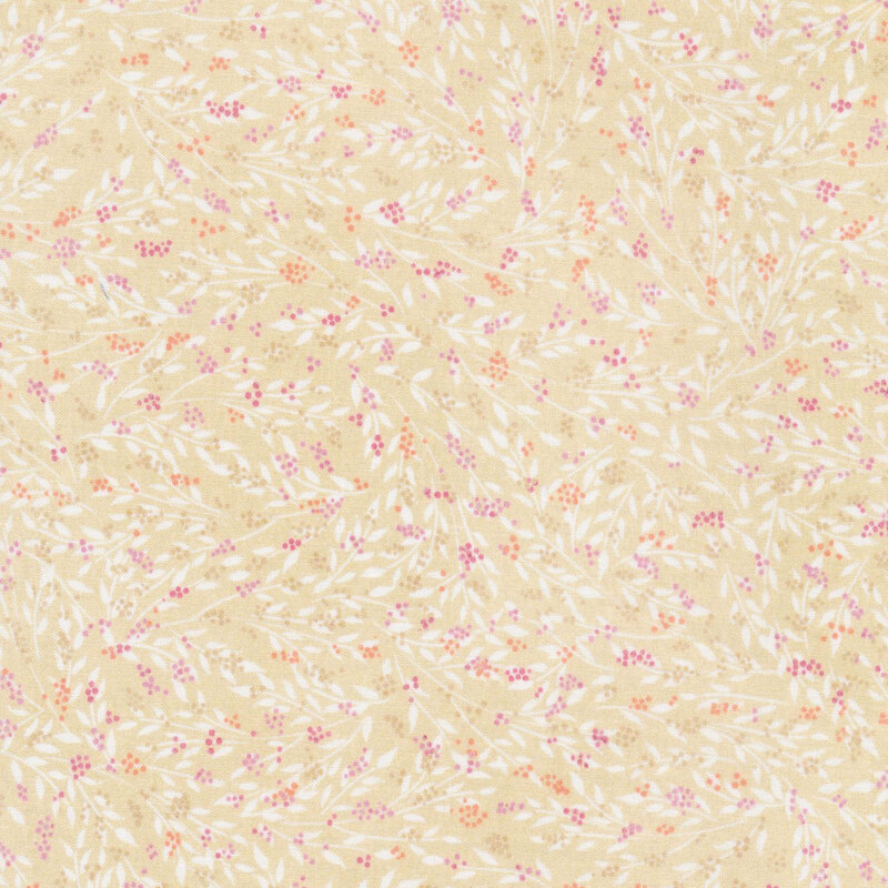 lovely light tan fabric featuring white leaves with tan, magenta, pale red, and orange abstract dot flowers