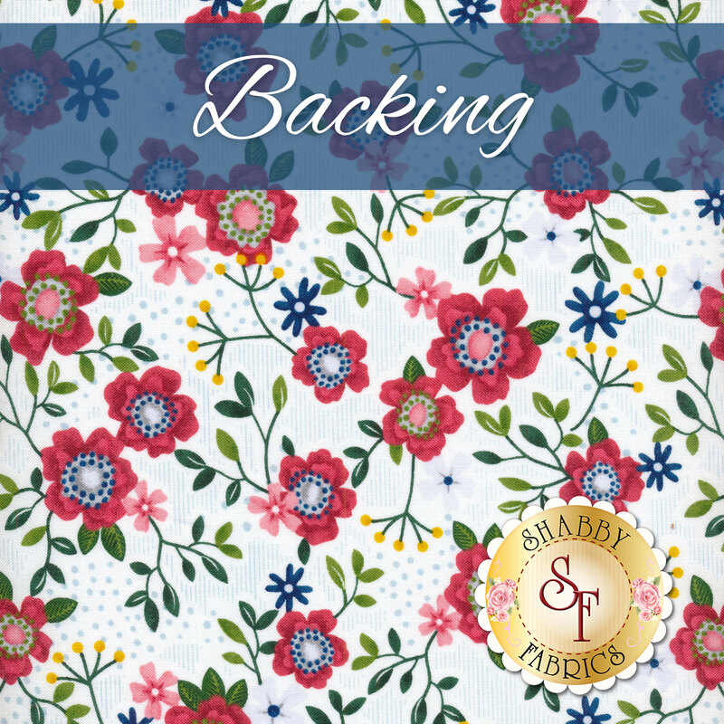 A swatch of ice white fabric with sprawling red florals. A blue banner at the top reads 