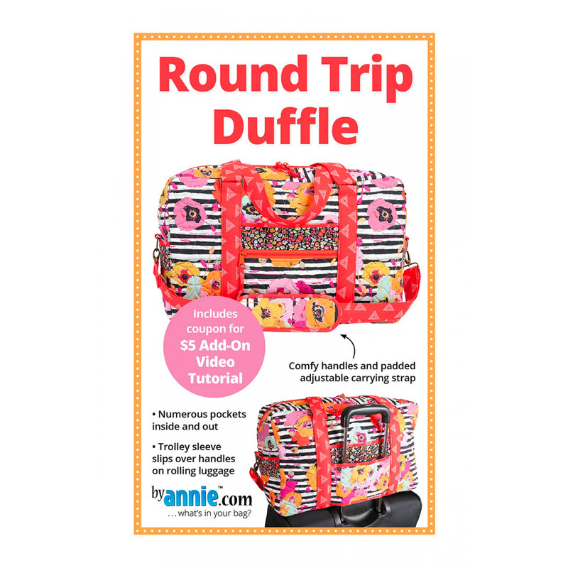 Front to the round trip duffle bag pattern, featuring two sample photos of the finished bag