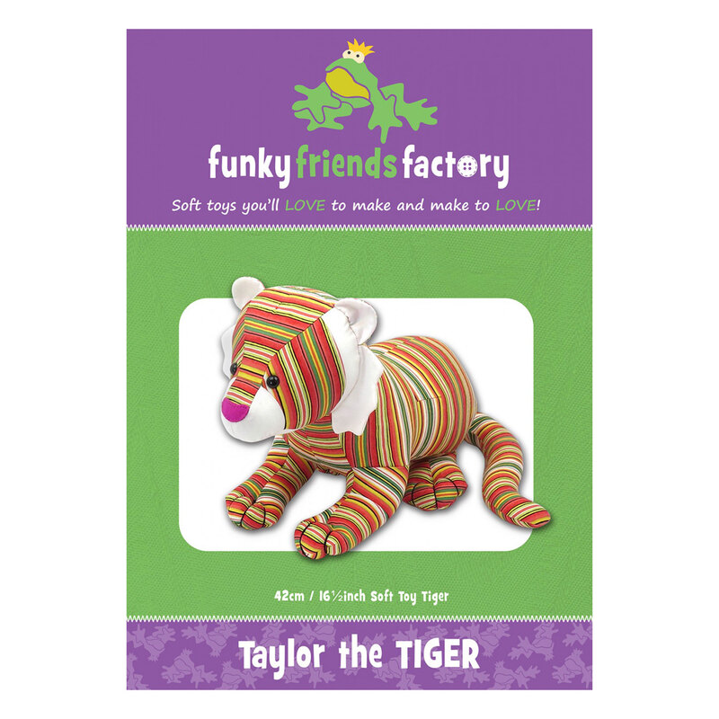 Taylor the Tiger Pattern Front purple and green background with example tiger plush