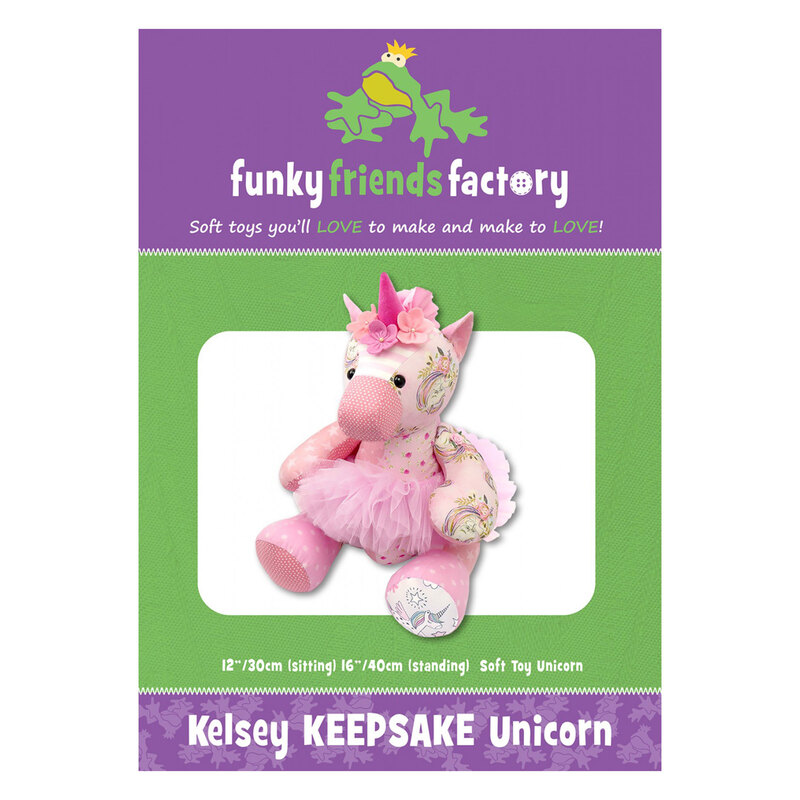 Kelsey Keepsake Unicorn Pattern Front purple and green background with example of unicorn plush
