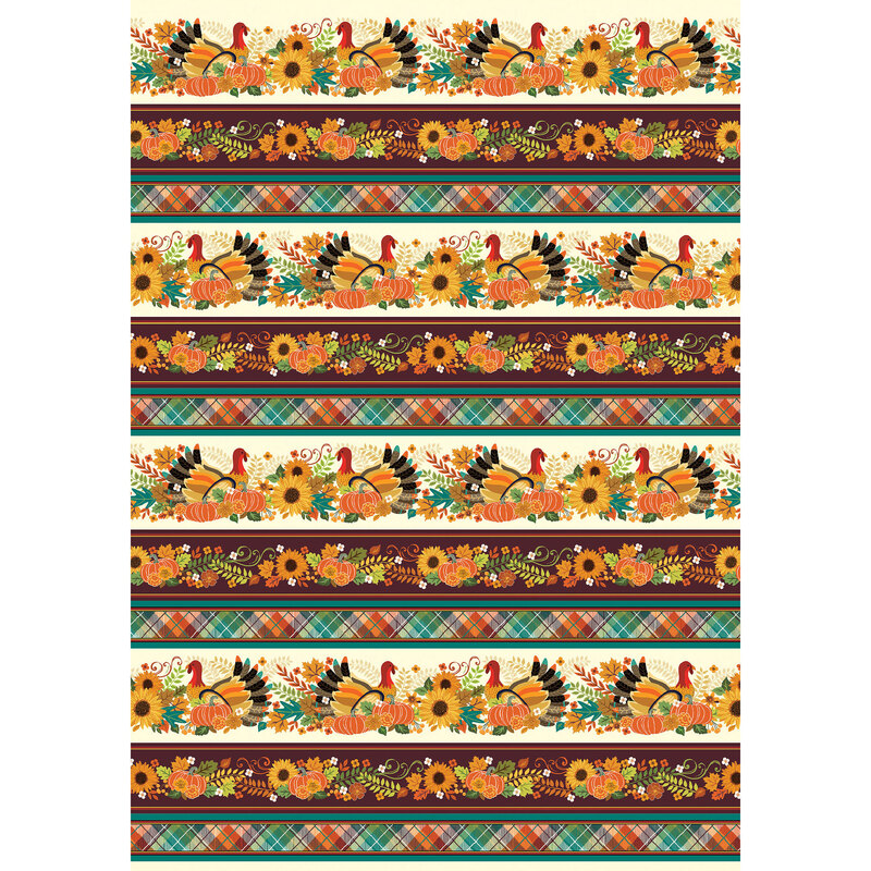 digital image of border stripe fabric featuring multiple rows of turkeys nestled amidst pumpkins, sunflowers, and various foliage, above a deep maroon stripe of a similar array of foliage and a teal plaid section below