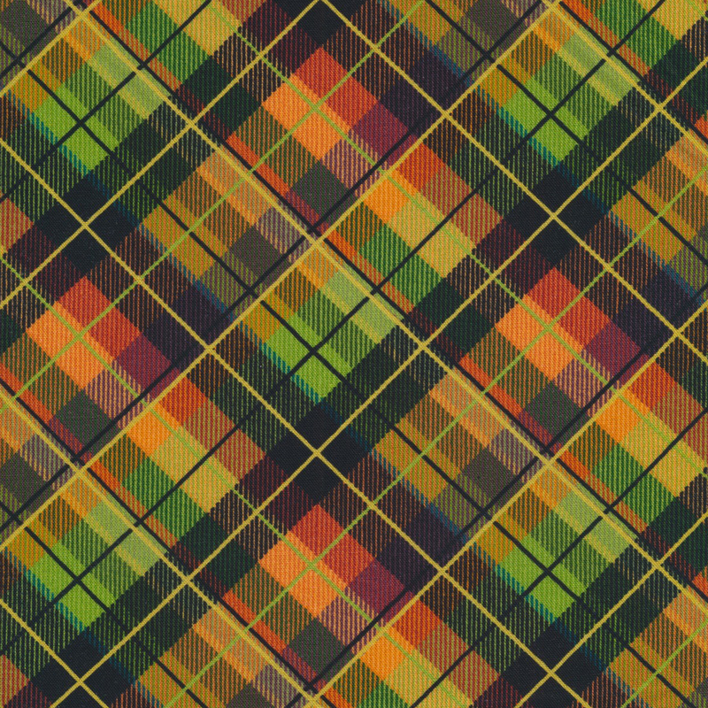 vibrant plaid fabric featuring dark orange, brown, chartreuse, and forest green coloring
