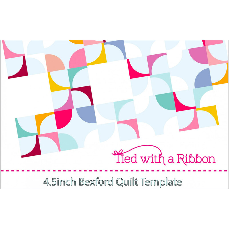 Front of the 4.5inch bexford quilt template packet, featuring a bright composition of pieced fabrics created with the template
