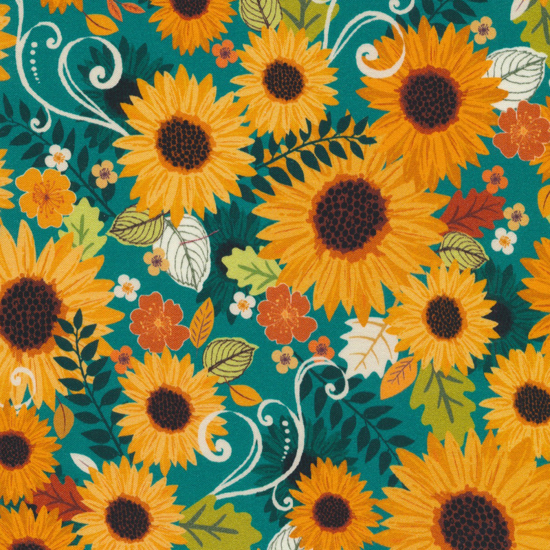 gorgeous teal fabric featuring stacked sunflowers with interspersed leaves, flowers, and white decorative scrolls
