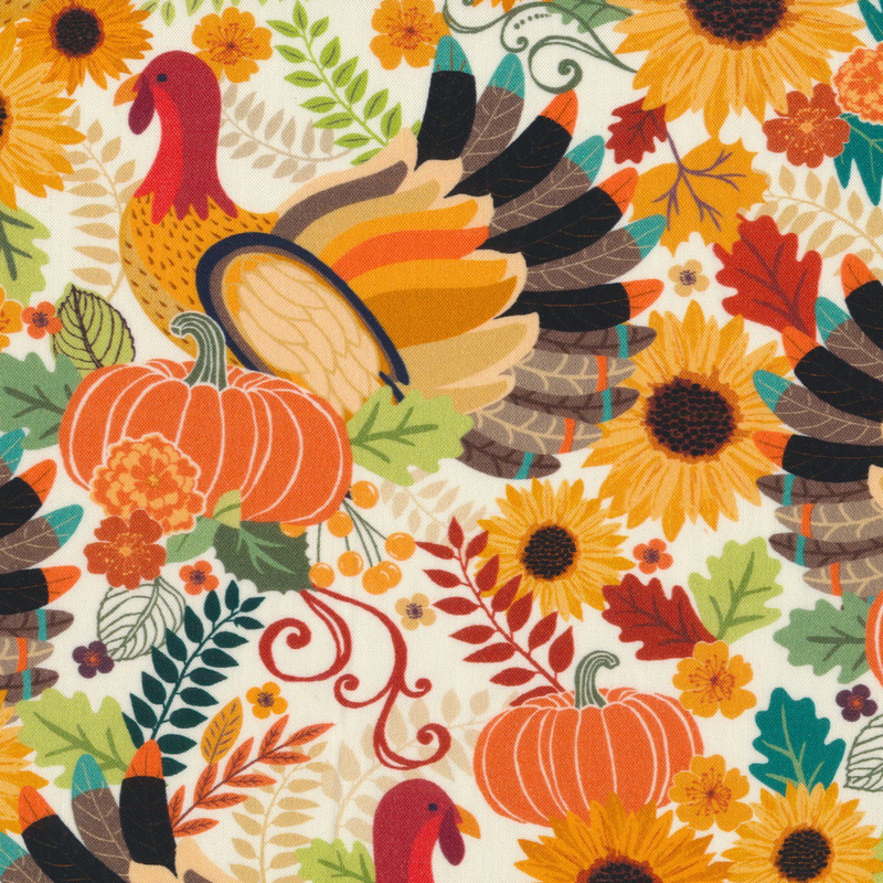 fun cream fabric featuring a bountiful array of scattered turkeys, pumpkins, leaves, sunflowers, and various other flowers