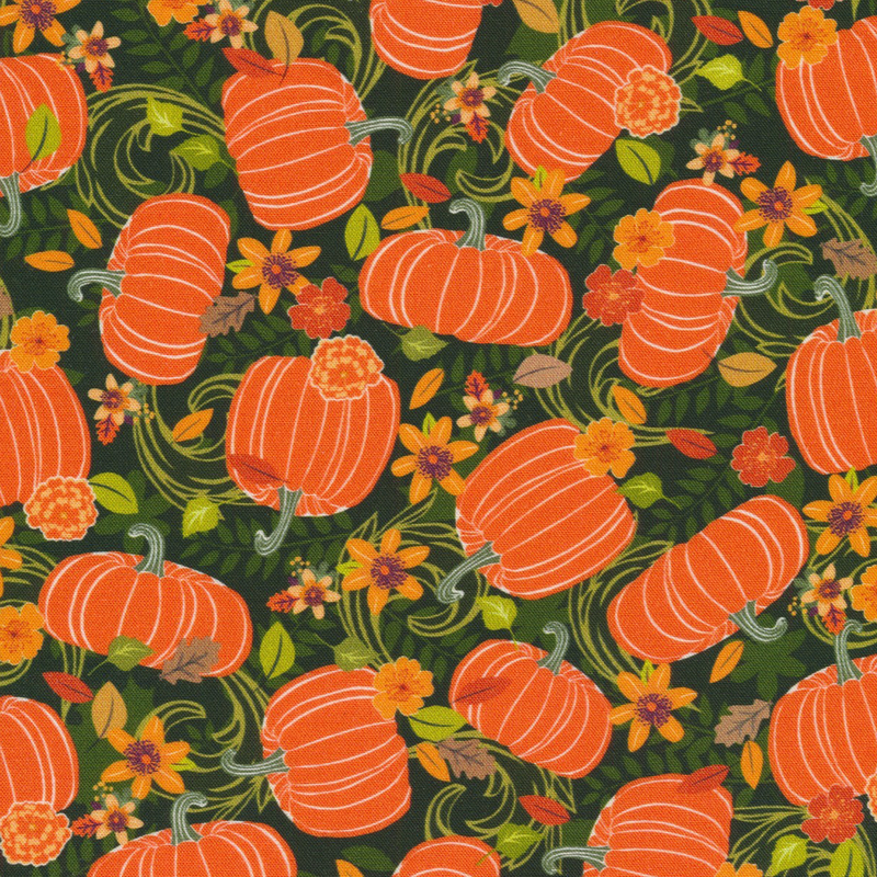 wonderful dark green fabric featuring scattered pumpkins, leaves, and flowers over green tonal scrolling and leaves