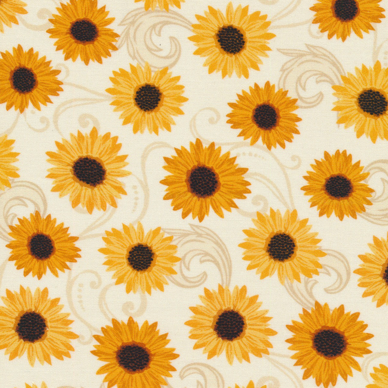 soft cream fabric featuring tan scrolling and scattered sunflowers