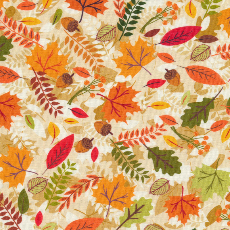 cream fabric featuring scattered overlapping leaves, acorns, and berries