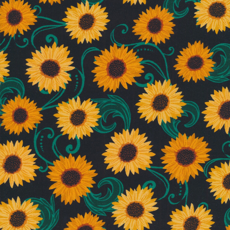 beautiful black fabric featuring teal scrolling and scattered sunflowers