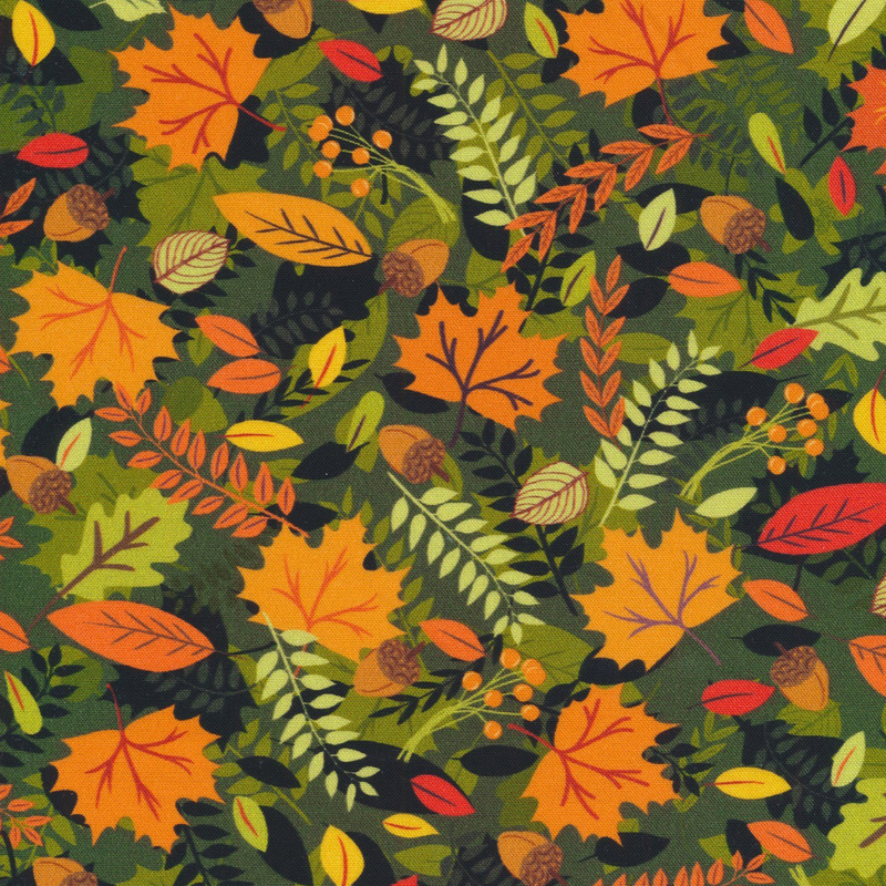 dark green fabric featuring scattered overlapping leaves, acorns, and berries