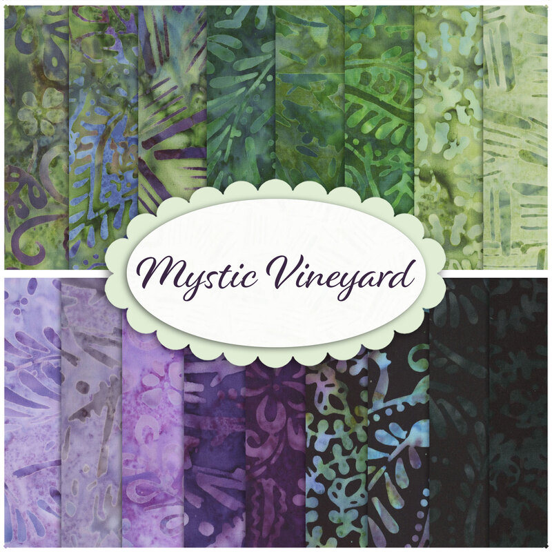 Graphic of green, purple and black batik fabrics within the mystic vineyard collection FQ set