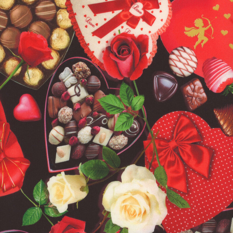 fun black fabric featuring layers of chocolate hearts, chocolate covered strawberries, truffles, and roses
