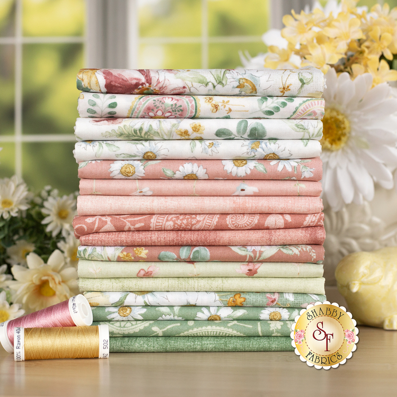 A photo of all fabrics in the Daisy Days collection fq set stacked