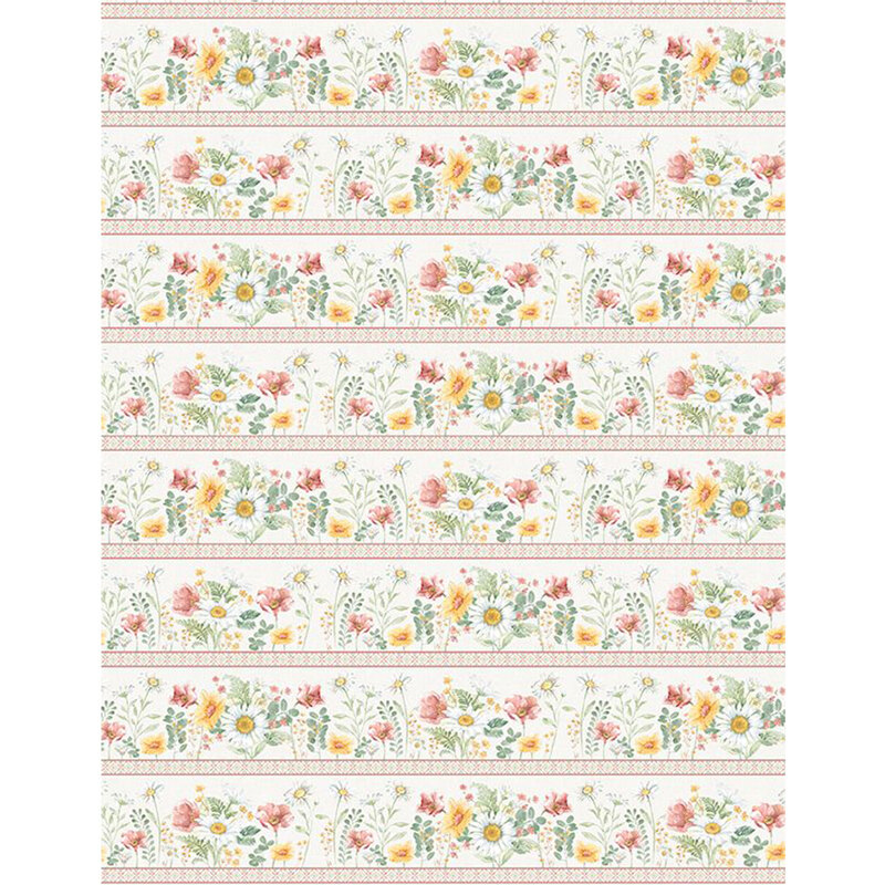 lovely pastel floral border stripe featuring multiple rows of various flowers in shades of yellow, white, green, and pink