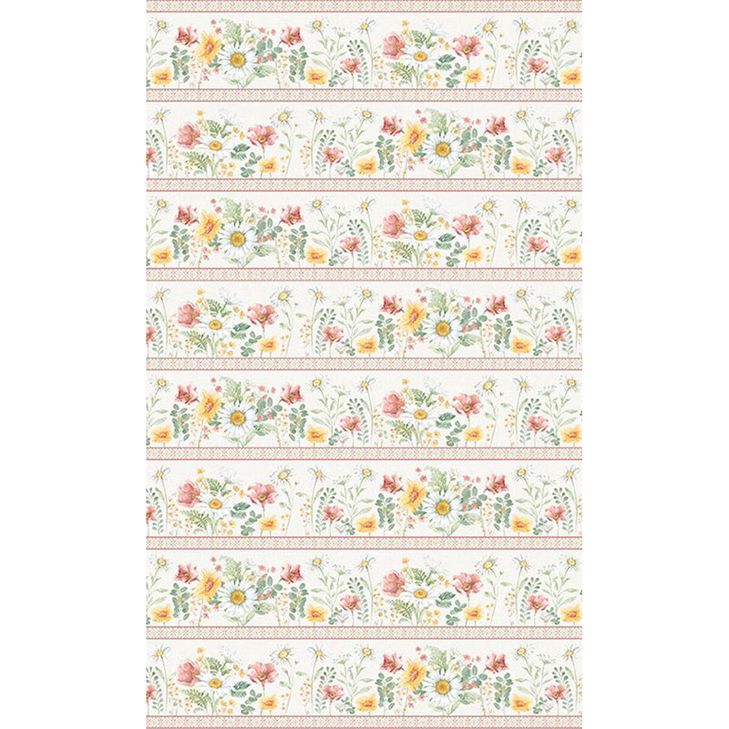 lovely pastel floral border stripe featuring multiple rows of various flowers in shades of yellow, white, green, and pink