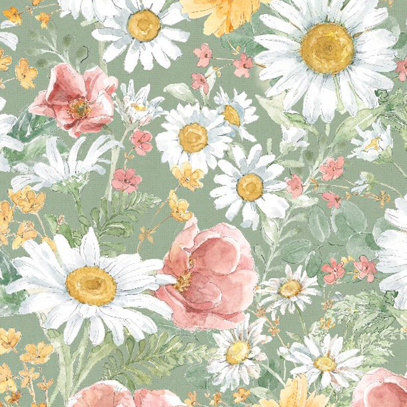 wonderful sage green fabric featuring a large pastel floral print in shades of pink, yellow, green, and white