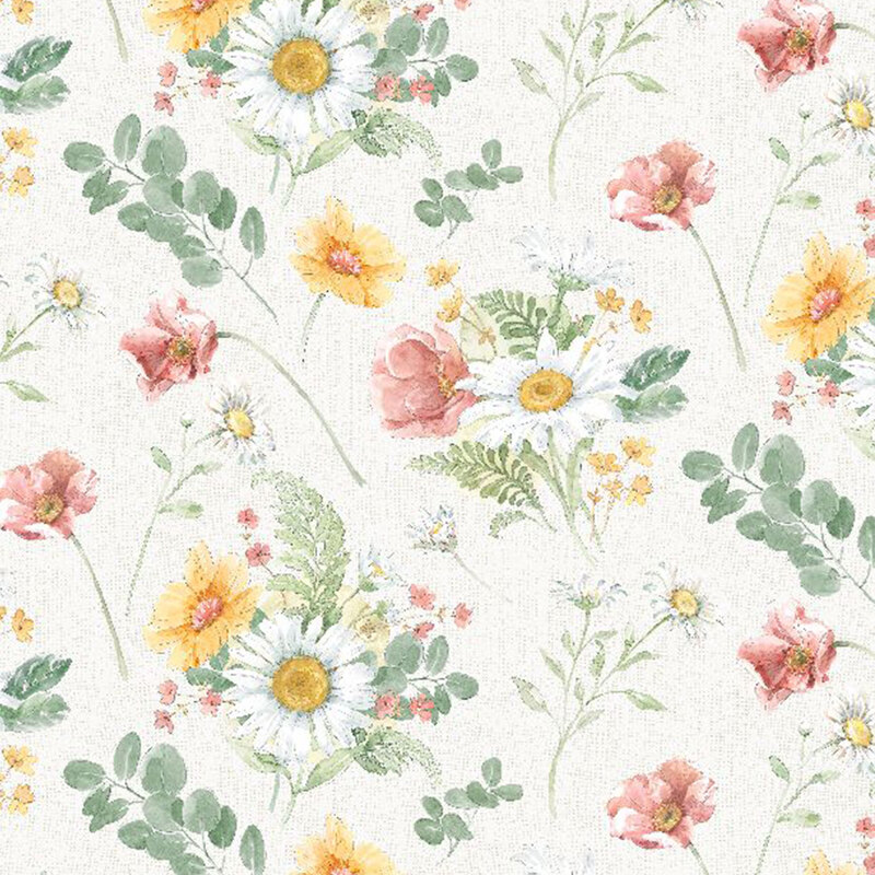 cream fabric featuring scattered pink, yellow, and white flowers, including leaves and ferns throughout