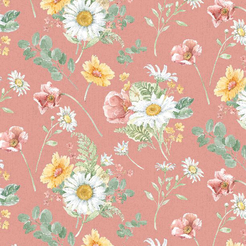 pink fabric featuring scattered pink, yellow, and white flowers, including leaves and ferns throughout