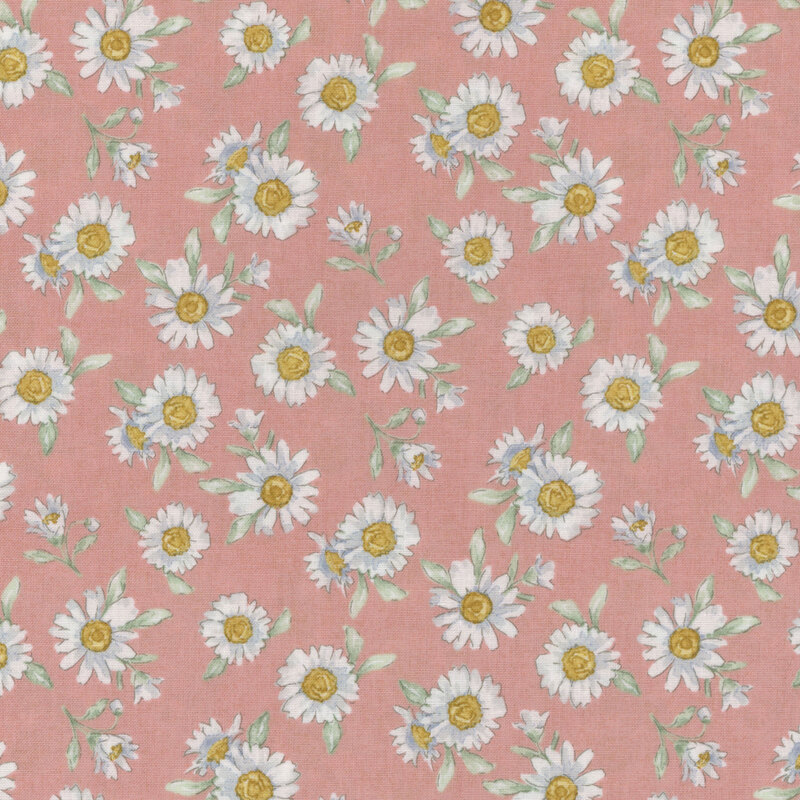 adorable pink fabric featuring tossed white daisies