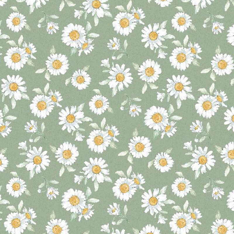 adorable sage fabric featuring tossed white daisies