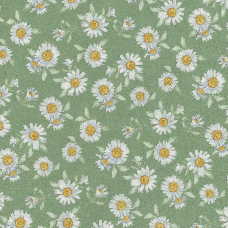 adorable sage fabric featuring tossed white daisies