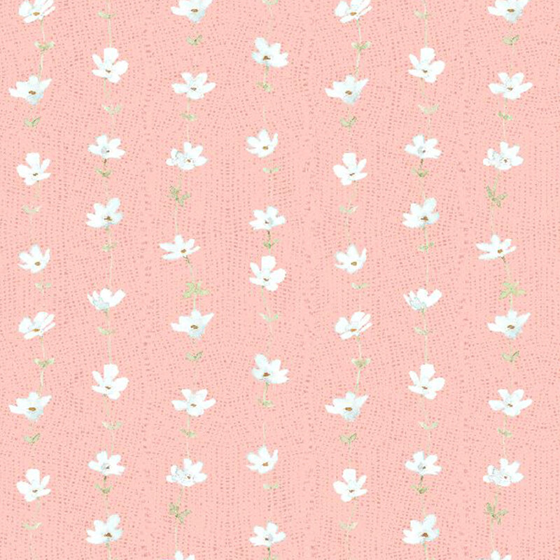 textured pink fabric featuring stripes of white flowers