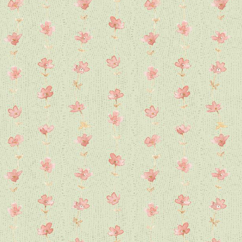 textured sage fabric featuring stripes of pink flowers