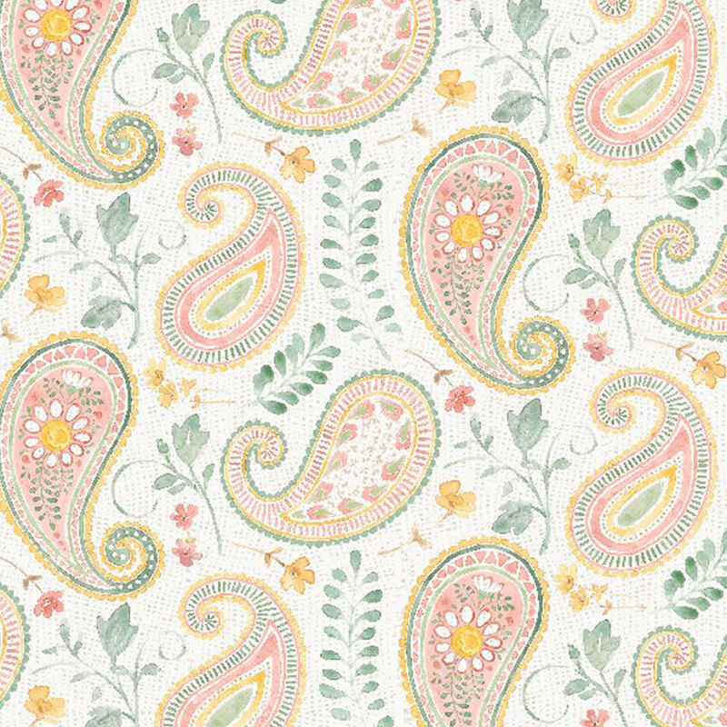 cream fabric featuring a pastel paisley in pink, green, and yellow, with pink flowers, yellow flowers, and leaves intermixed
