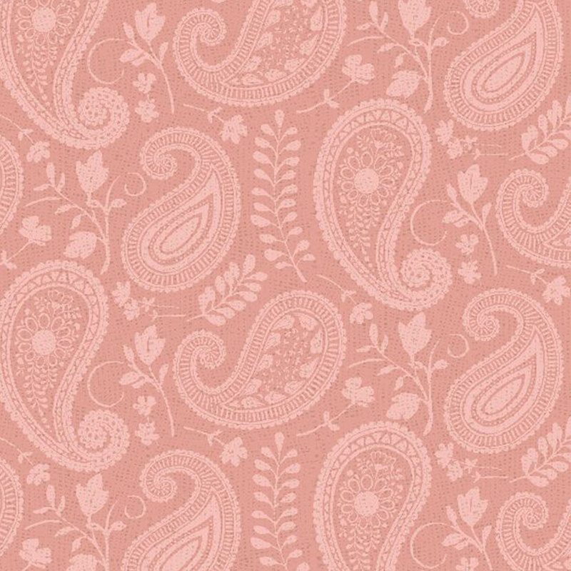 pink fabric featuring a pink tonal paisley, with pink flowers and leaves intermixed