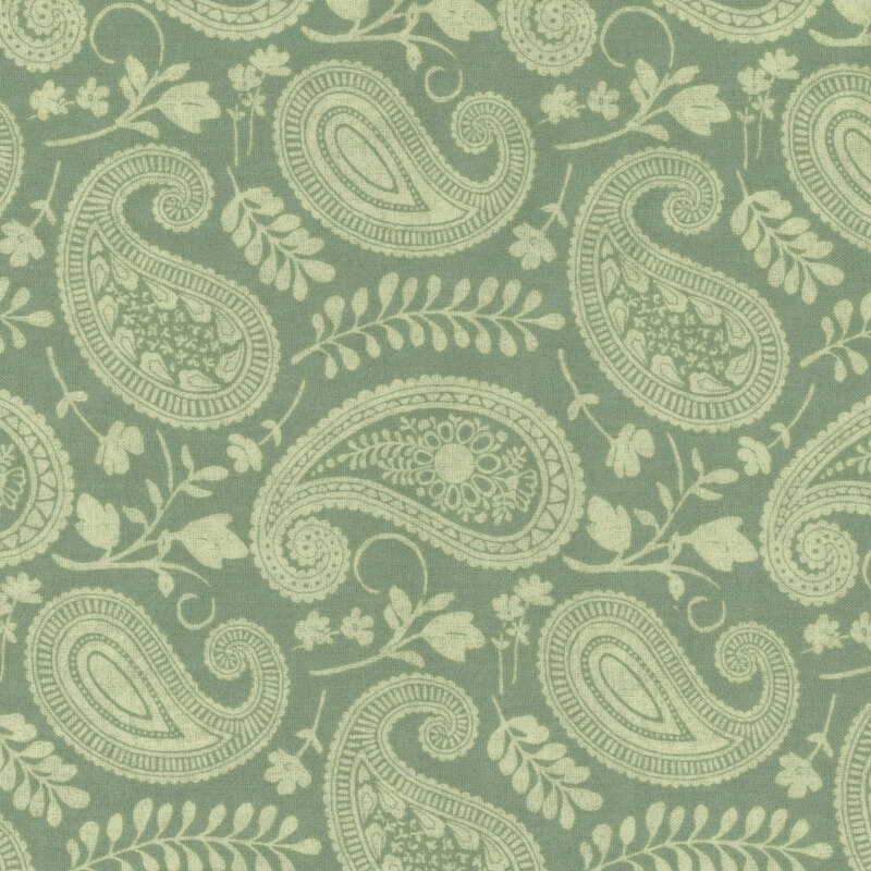 sage fabric featuring a sage tonal paisley, with sage flowers and leaves intermixed