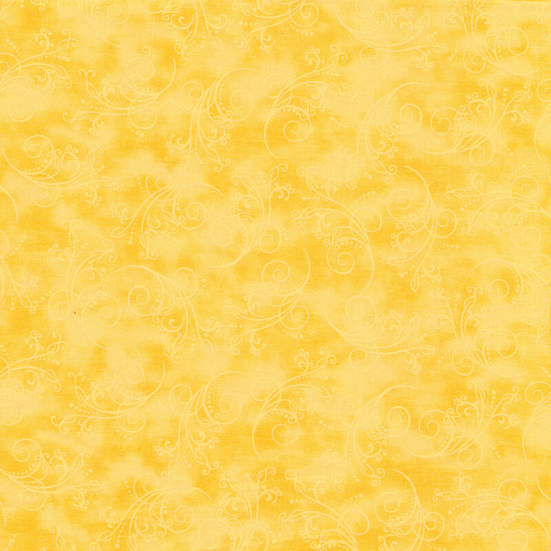 gorgeous marigold fabric featuring tonal mottling and scattered pastel scrolling