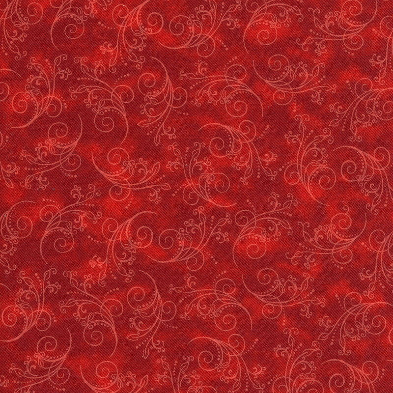 gorgeous crimson fabric featuring tonal mottling and scattered pastel scrolling