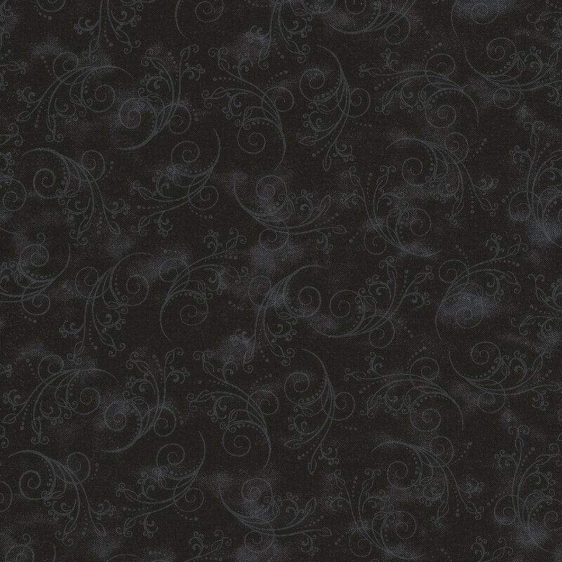 gorgeous black fabric featuring tonal mottling and scattered pastel scrolling