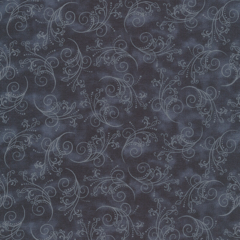 gorgeous charcoal fabric featuring tonal mottling and scattered pastel scrolling