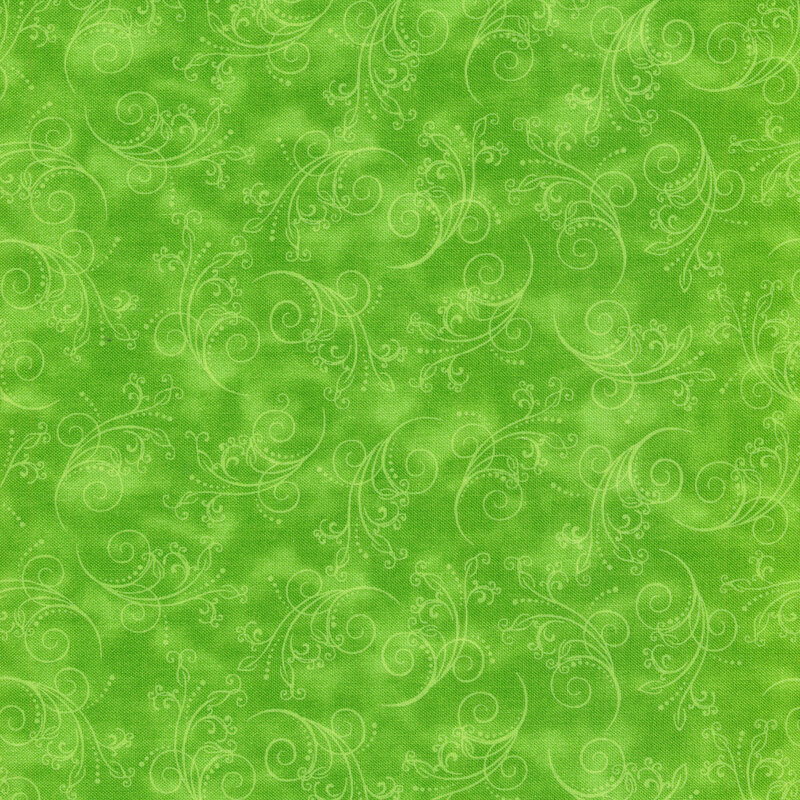 gorgeous leaf green fabric featuring tonal mottling and scattered pastel scrolling