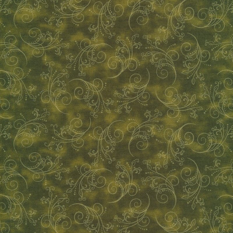 gorgeous moss green fabric featuring tonal mottling and scattered pastel scrolling