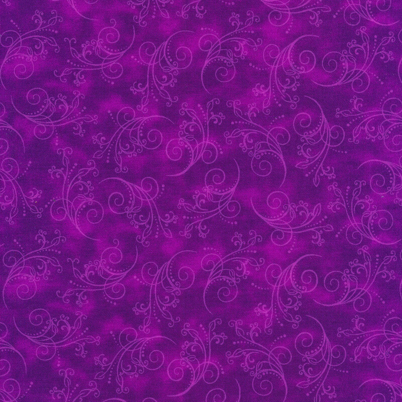gorgeous eggplant fabric featuring tonal mottling and scattered pastel scrolling