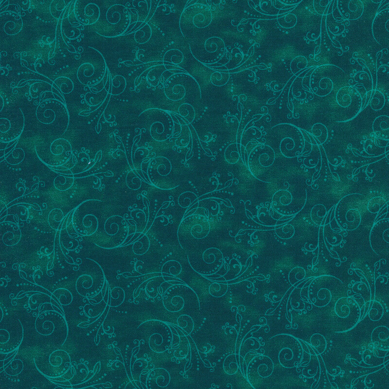 gorgeous dark teal fabric featuring tonal mottling and scattered pastel scrolling