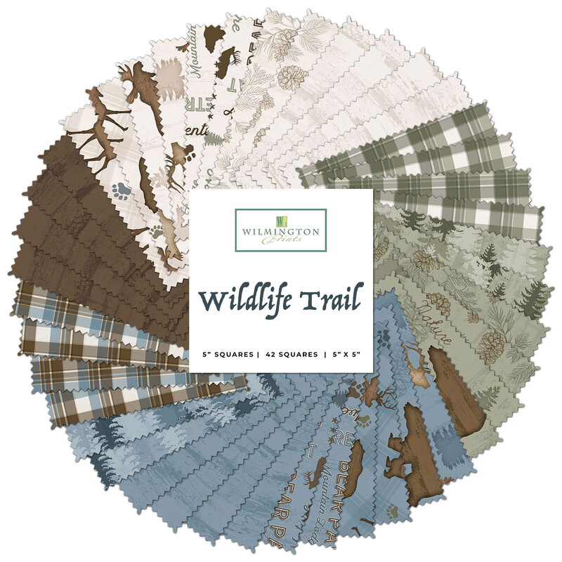 graphic of all the fabrics in the wildlife trail 5 karat crystals pack in green, blue, cream, and brown