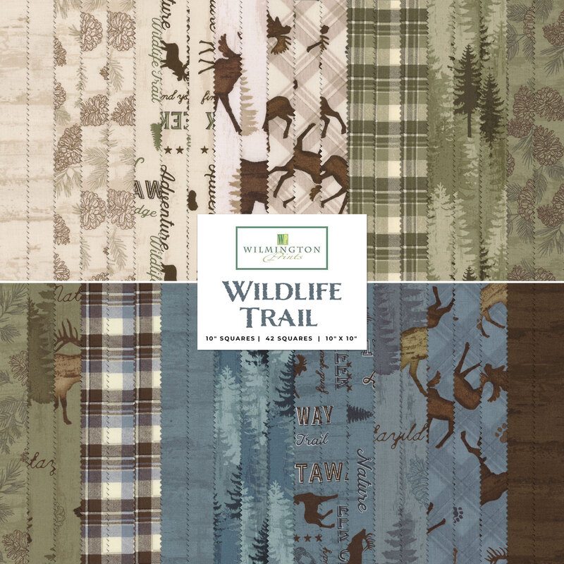 graphic of all the fabrics in the wildlife trail 10 karat crystal pack in green, blue, cream, and brown