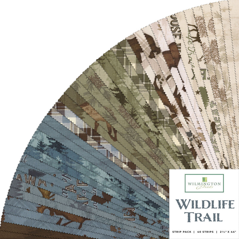 graphic of all the fabrics in the wildlife trail 40 karat crystals set in green, blue, cream, and brown