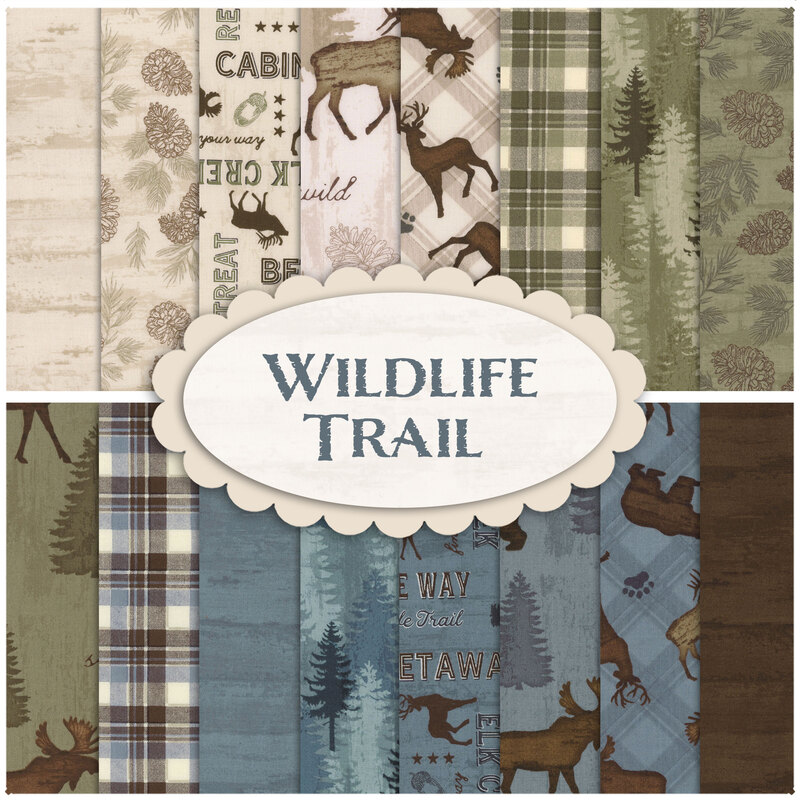 graphic of all the fabrics in the wildlife trail 16FQ set in green, blue, cream, and brown