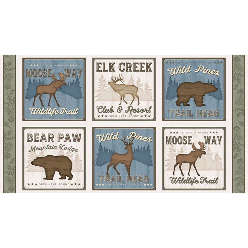 Cream panel featuring various nature-themed resorts, lodges, and trailhead names with an accompanying wild forest animal.