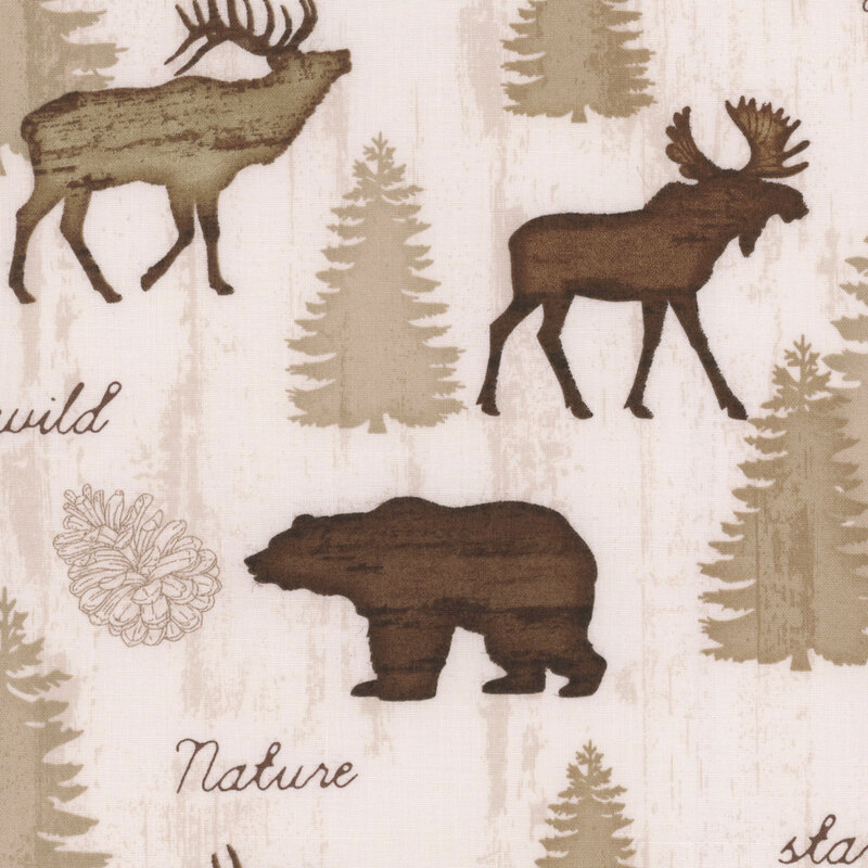 cream fabric featuring bears, moose, elk, and trees with the words 