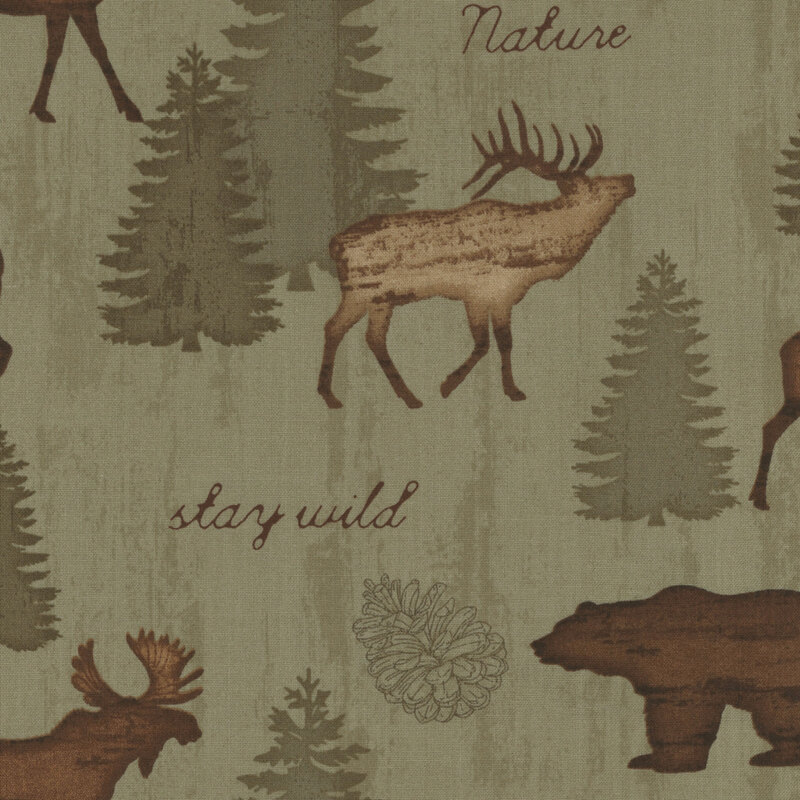 sage green fabric featuring bears, moose, elk, and trees with the words 