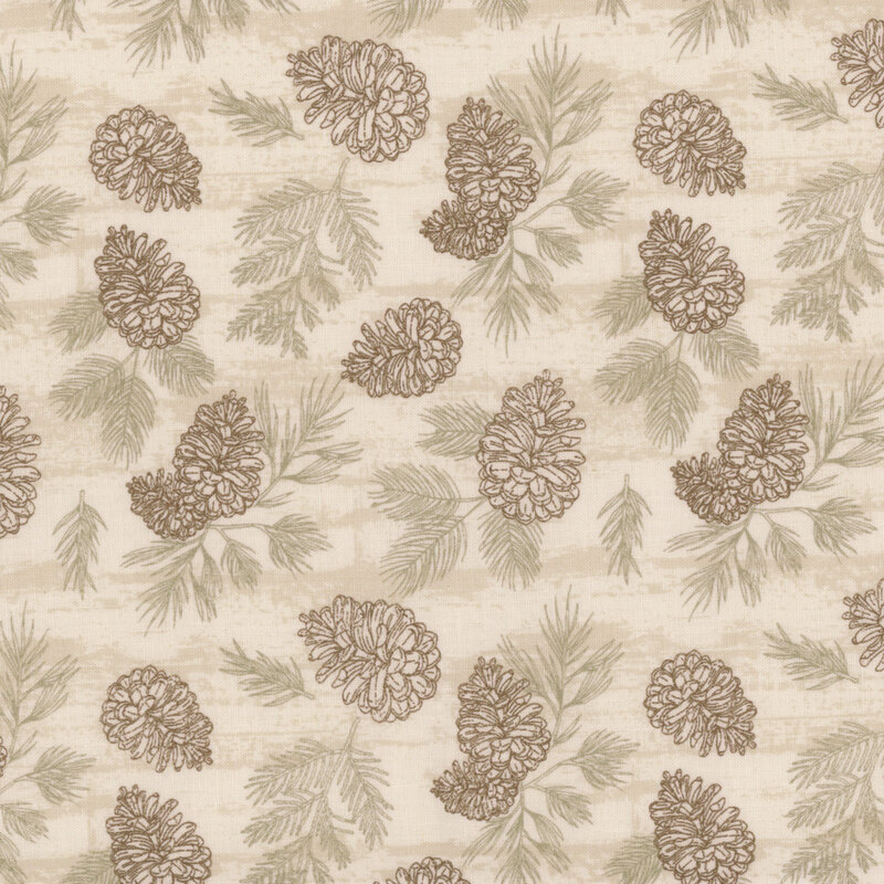 Cream fabric featuring pinecones and pine needles